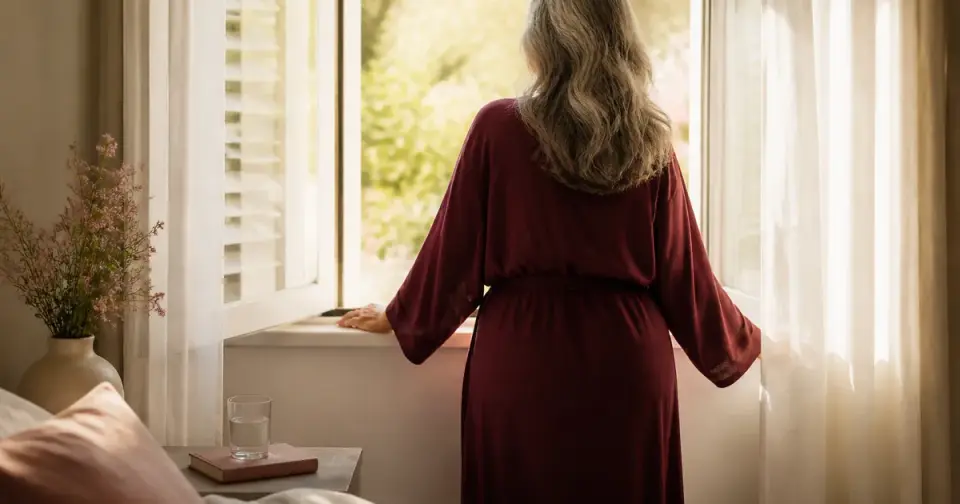 Pessoa adulta refletindo com tranquilidade sobre intimidade e bem-estar na menopausa