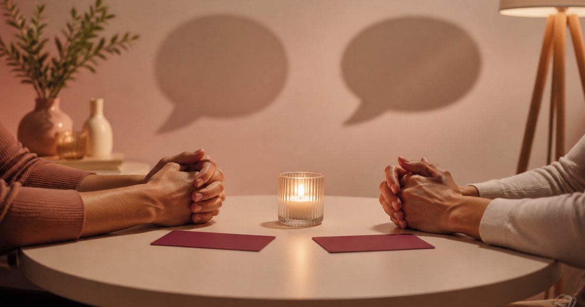 Casal conversando com abertura e cuidado sobre preferências íntimas em um ambiente acolhedor