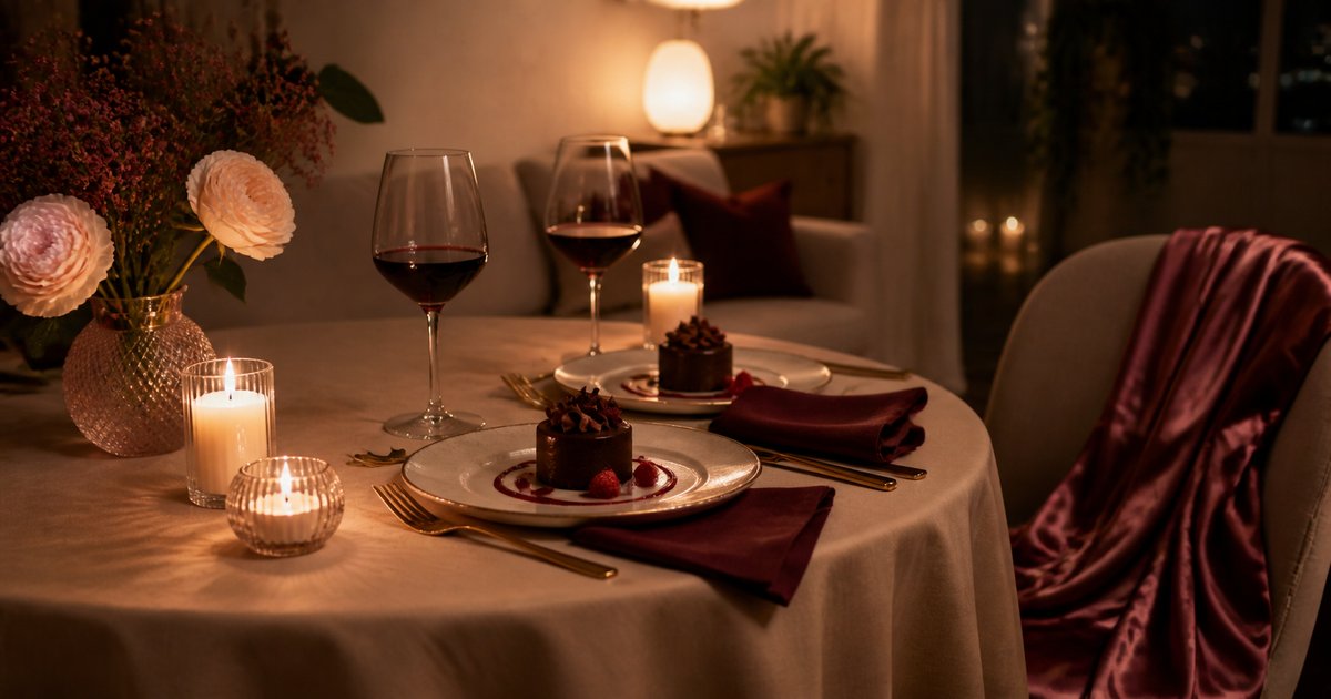 Ambiente doméstico preparado com luz suave, mesa para duas pessoas e detalhes românticos