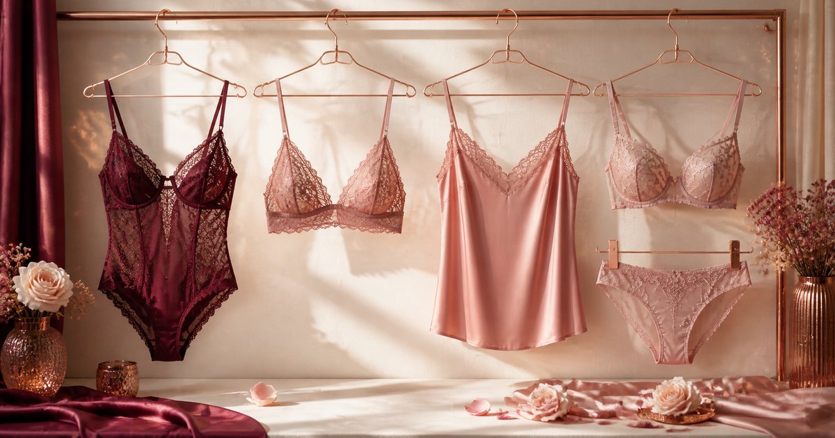 Diferentes modelos de lingerie dispostos em uma composição elegante e acolhedora