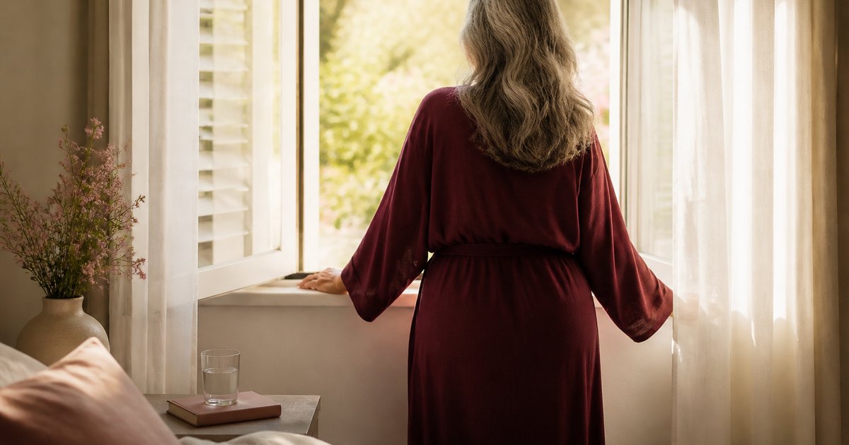 Pessoa adulta refletindo com tranquilidade sobre intimidade e bem-estar na menopausa